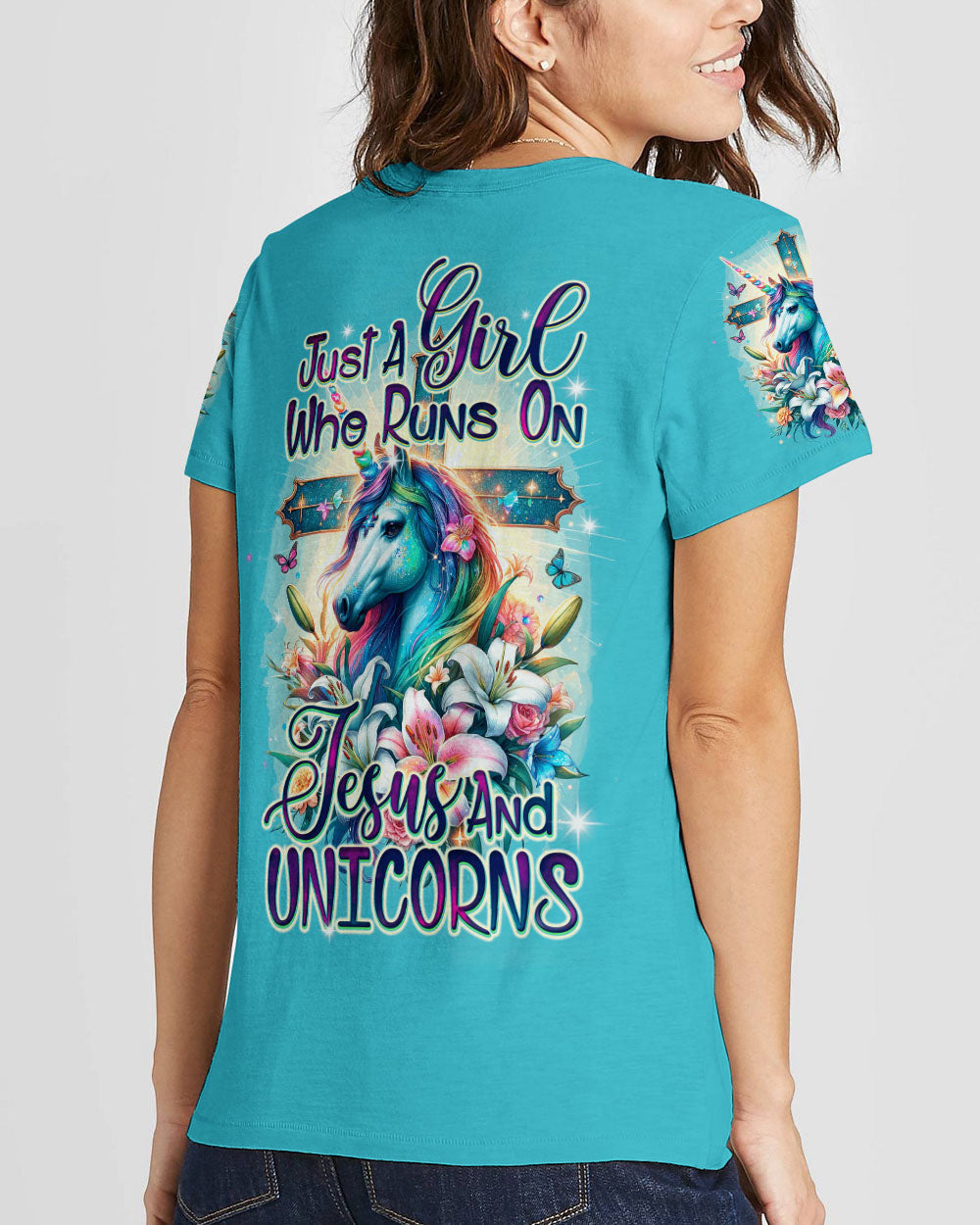 Runs On Jesus And Unicorns Women's All Over Print Shirt - Ty1912231, easychoo.com