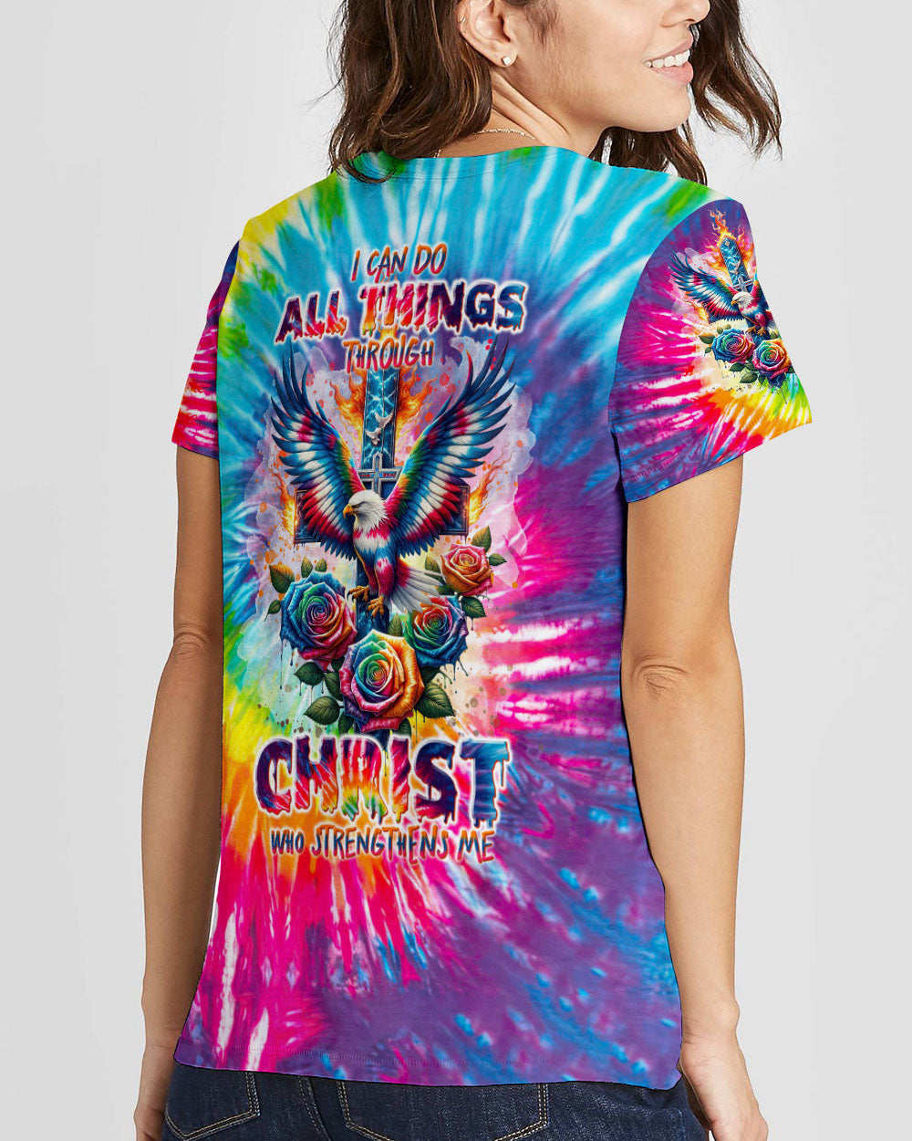 I Can Do All Things Cross Eagle Tie Dye Women's All Over Print Shirt - Tlnt2201242, easychoo.com