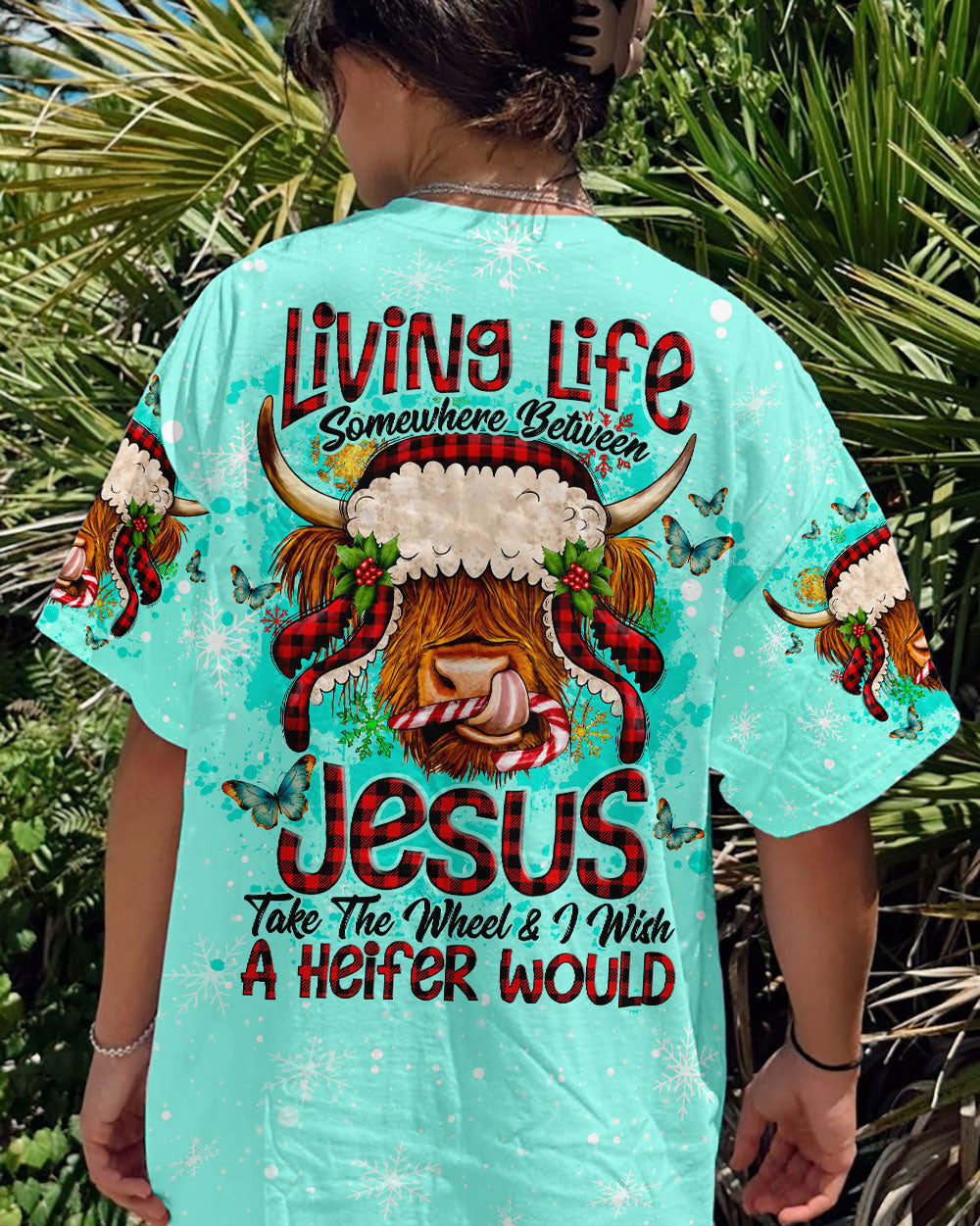 Living Life Somewhere Between Jesus Cow Christmas Women's All Over Print Shirt- Tlno2710234, easychoo.com
