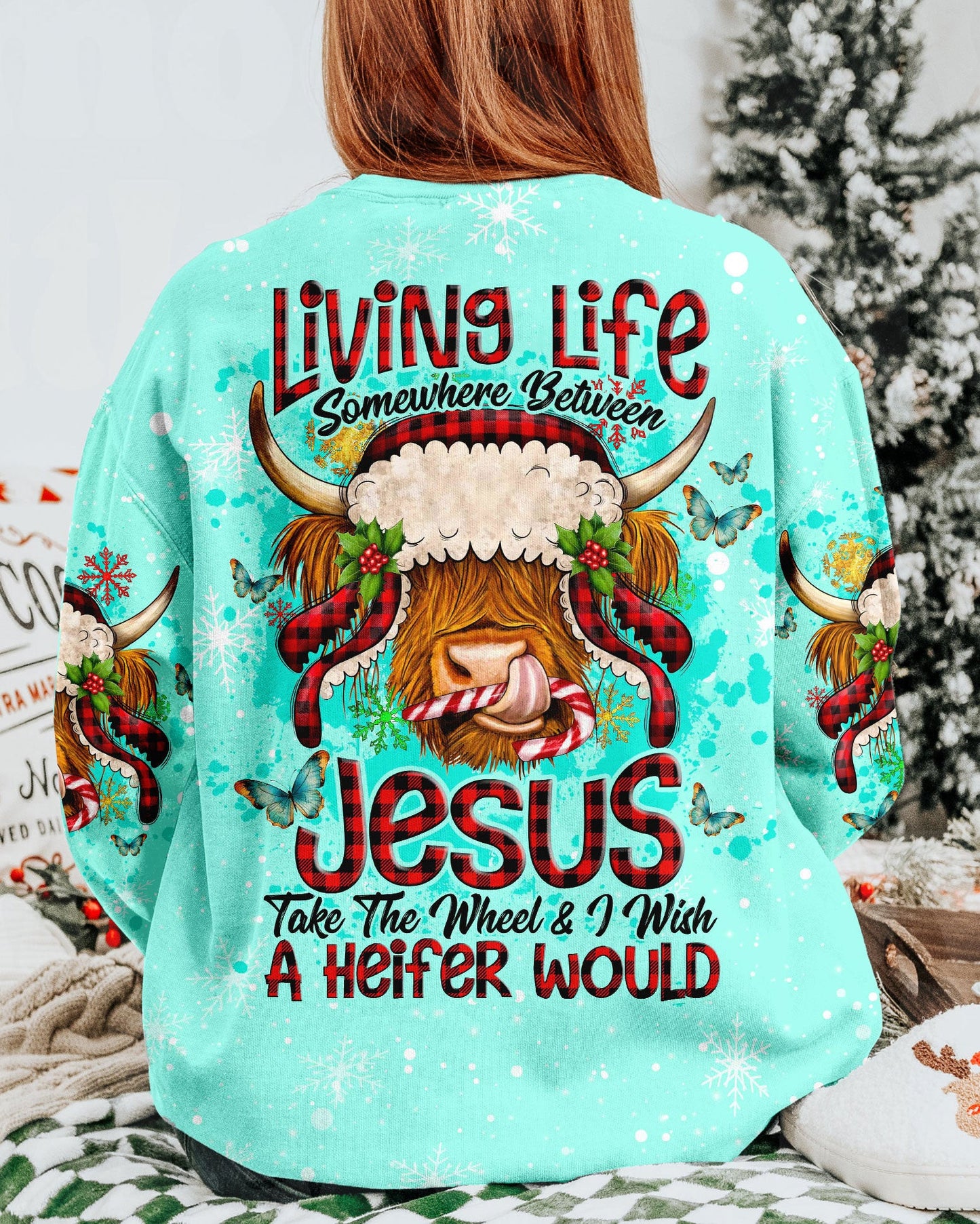 Living Life Somewhere Between Jesus Cow Christmas Women's All Over Print Shirt- Tlno2710234, easychoo.com