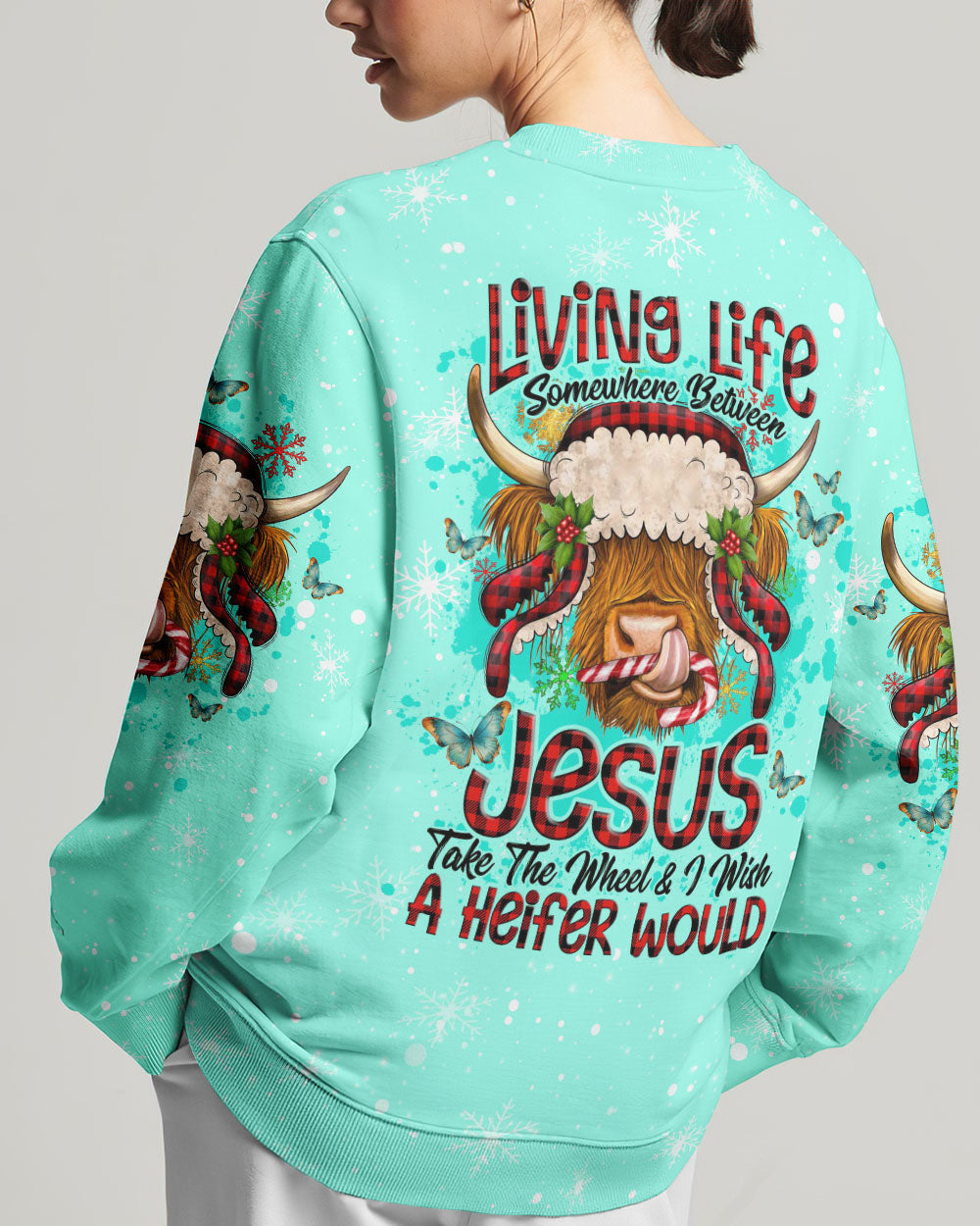 Living Life Somewhere Between Jesus Cow Christmas Women's All Over Print Shirt- Tlno2710234, easychoo.com