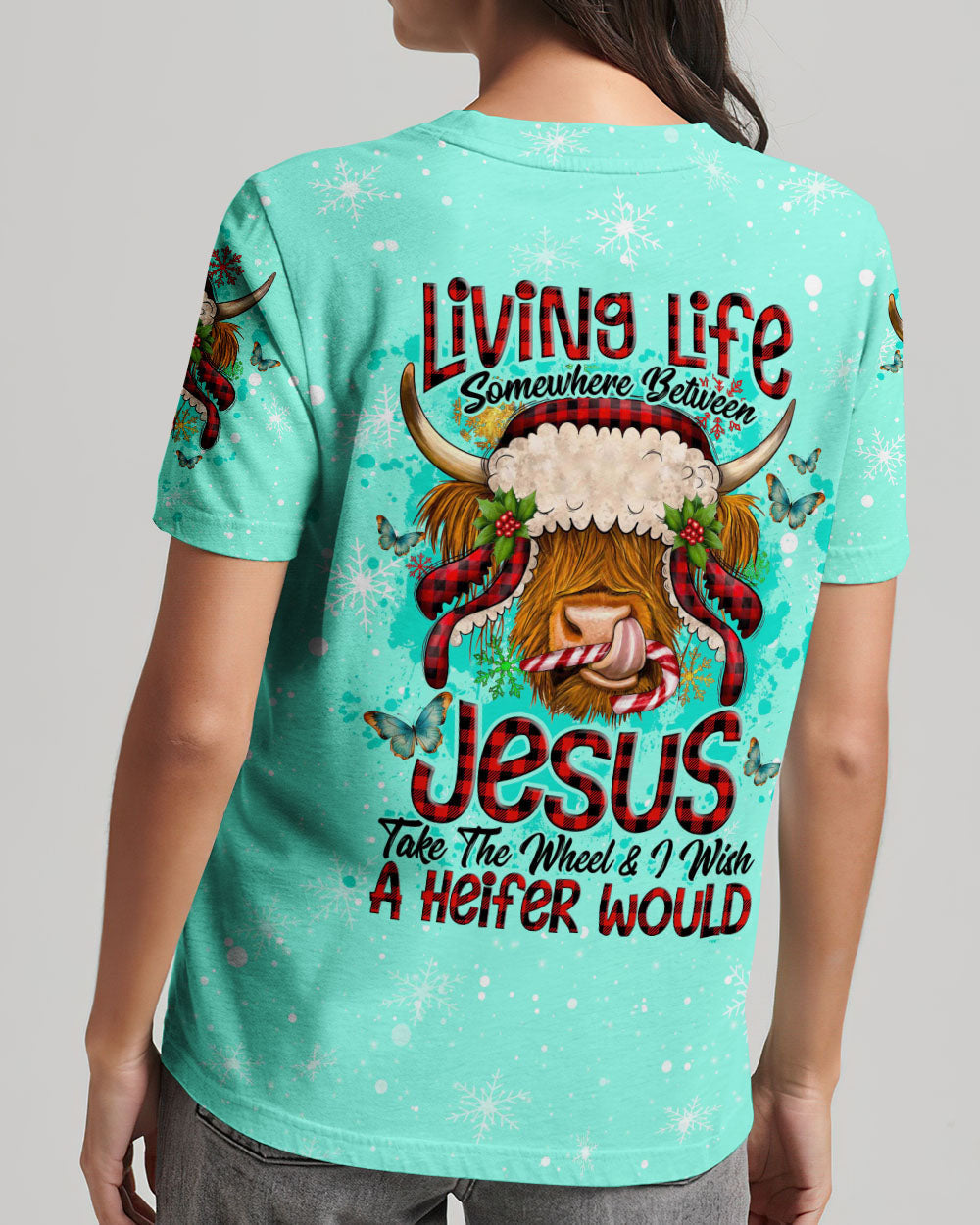 Living Life Somewhere Between Jesus Cow Christmas Women's All Over Print Shirt- Tlno2710234, easychoo.com