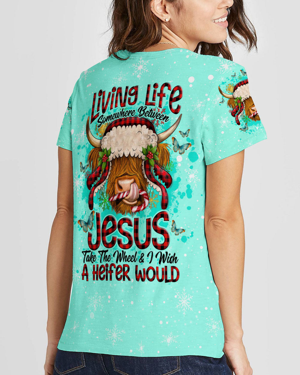 Living Life Somewhere Between Jesus Cow Christmas Women's All Over Print Shirt- Tlno2710234, easychoo.com