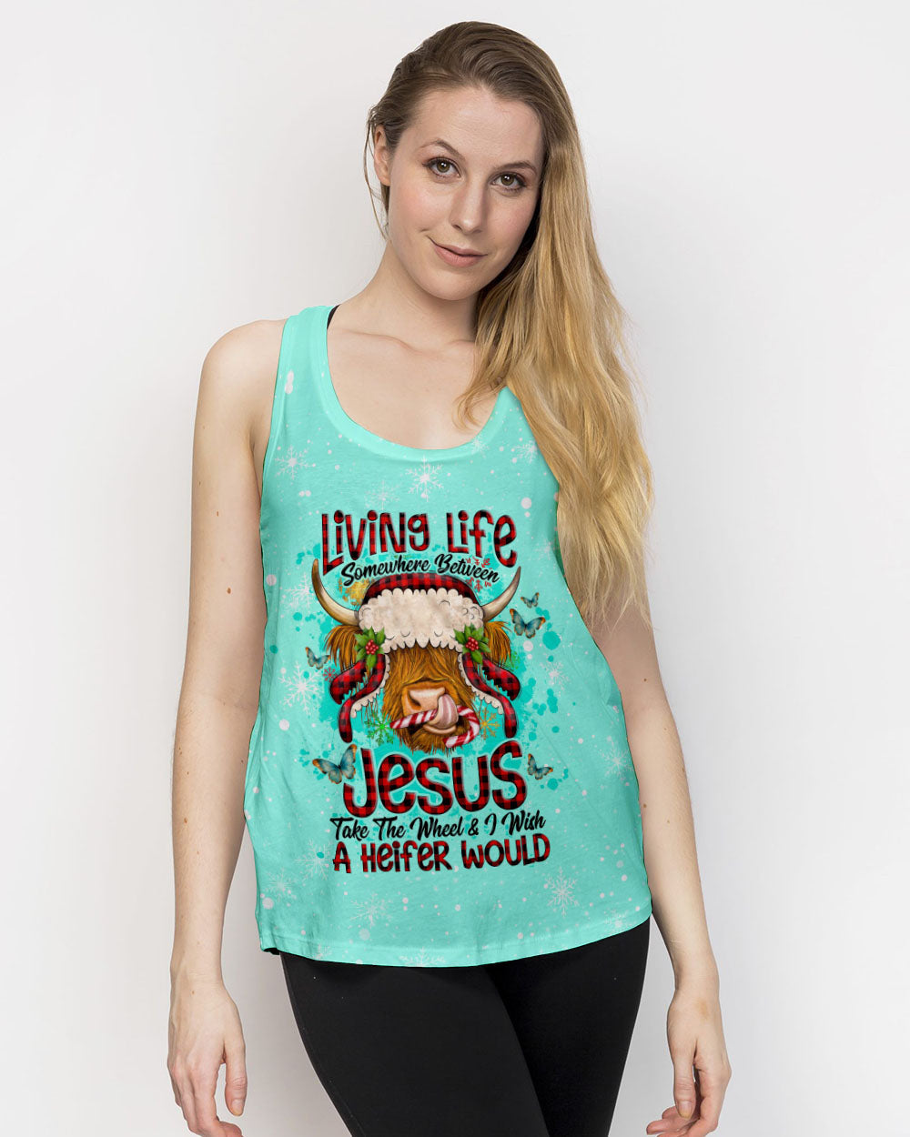 Living Life Somewhere Between Jesus Cow Christmas Women's All Over Print Shirt- Tlno2710234, easychoo.com
