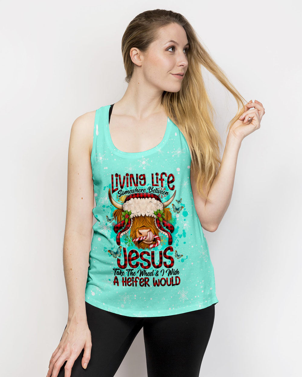 Living Life Somewhere Between Jesus Cow Christmas Women's All Over Print Shirt- Tlno2710234, easychoo.com