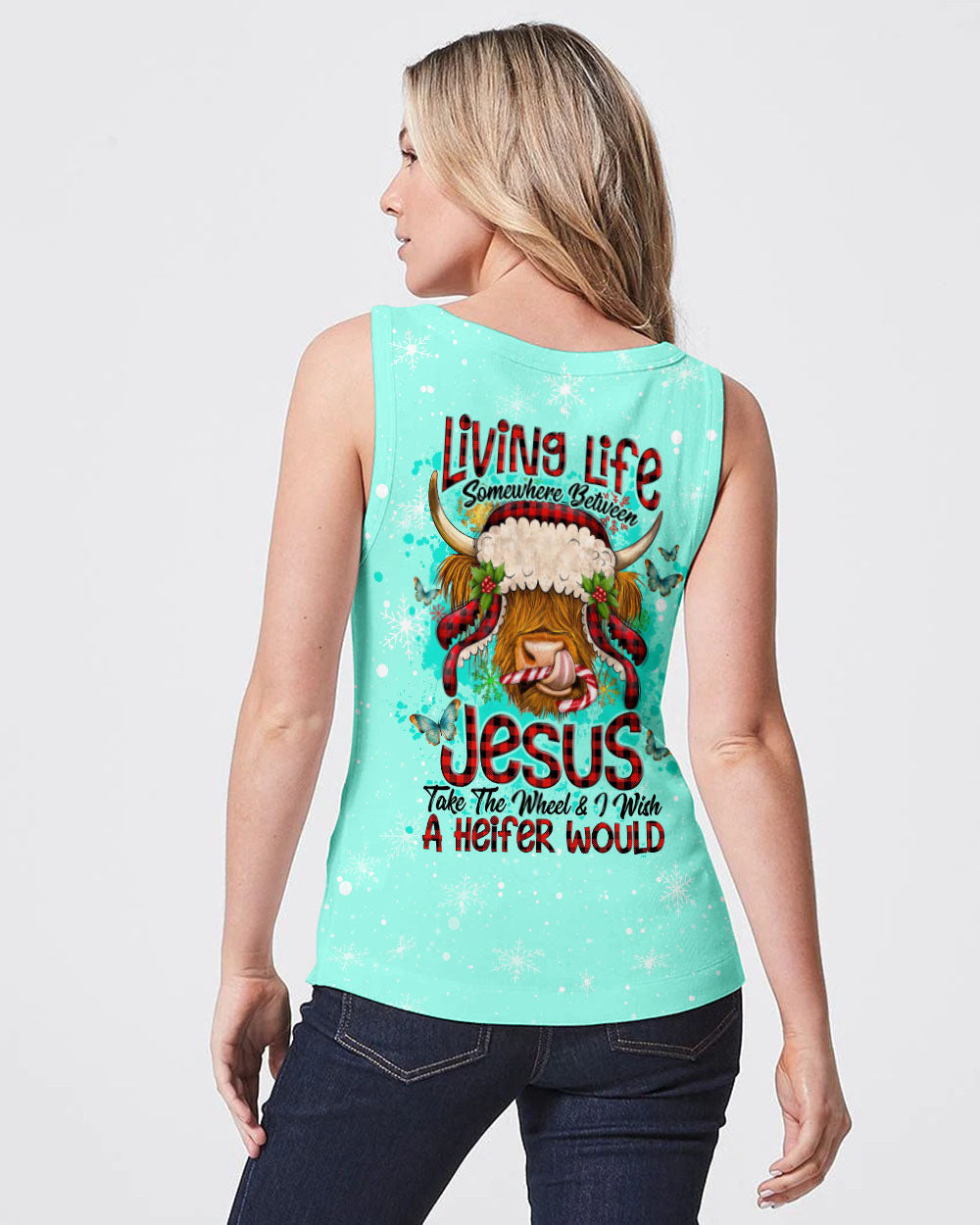 Living Life Somewhere Between Jesus Cow Christmas Women's All Over Print Shirt- Tlno2710234, easychoo.com