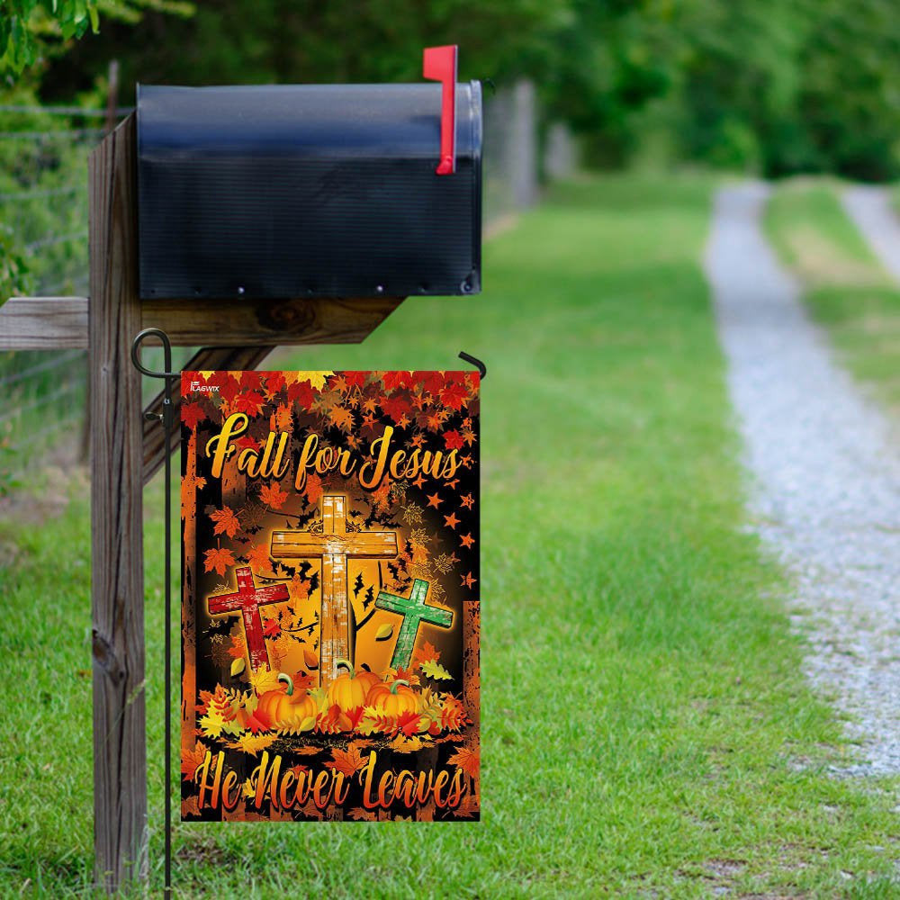 Christian Garden Flags, Thanksgiving Fall For Jesus He Never Leaves Flag, Christian House Flags, Christian Cross Flag, Faith Flag, easychoo.com