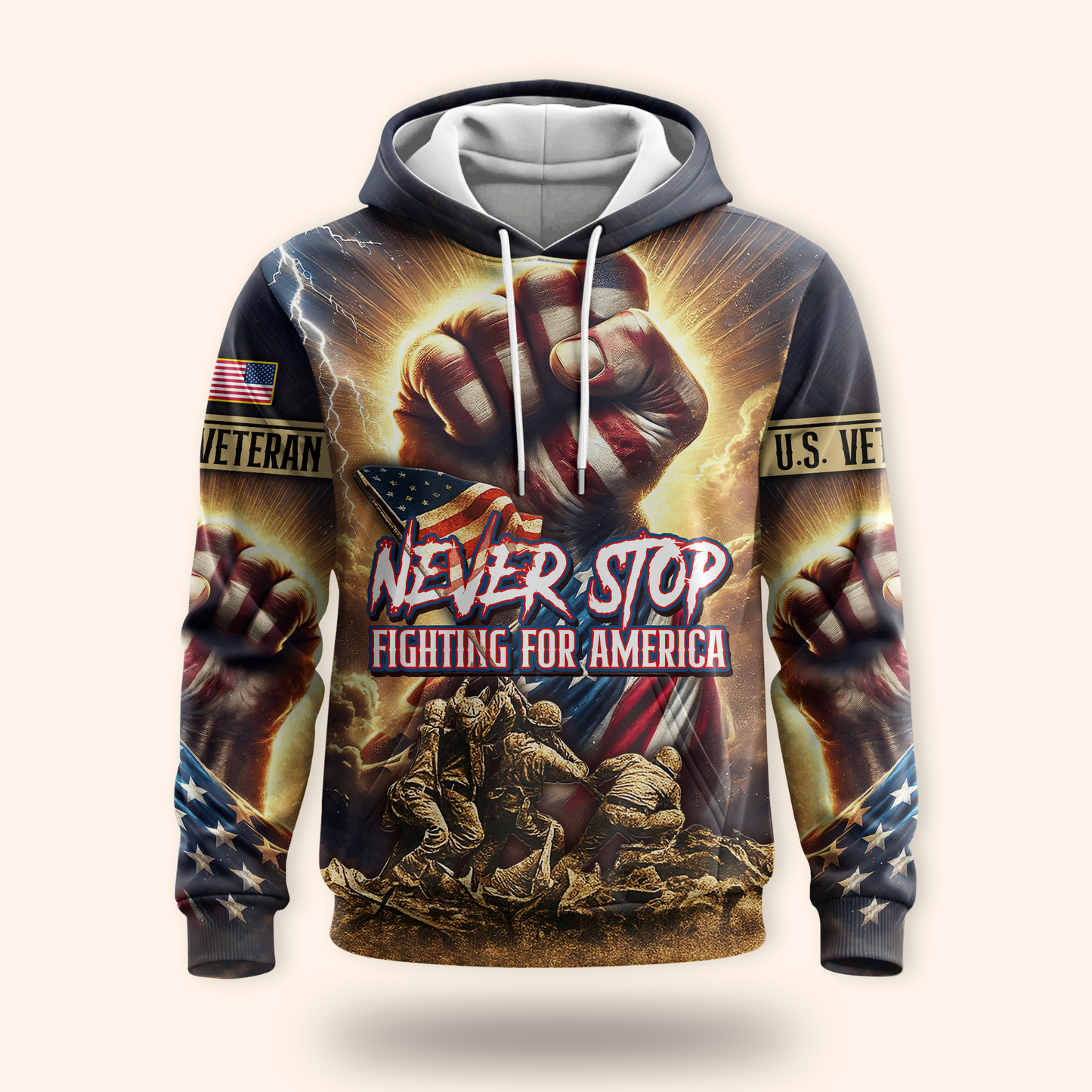 U.S. Veteran Hoodie – Never Stop Fighting for America, Patriotic Warrior Design