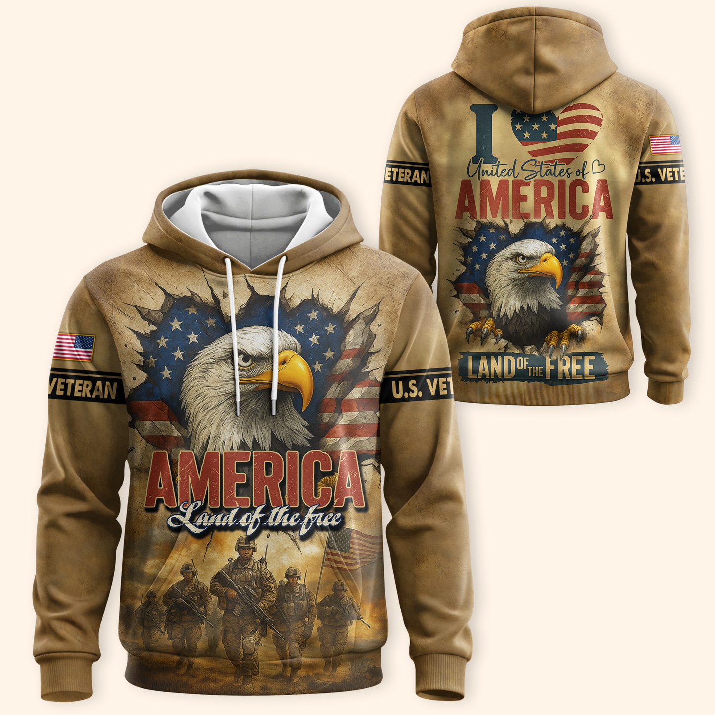 U.S. Veteran Hoodie – America Land of The Free, Patriotic Eagle and Flag Design