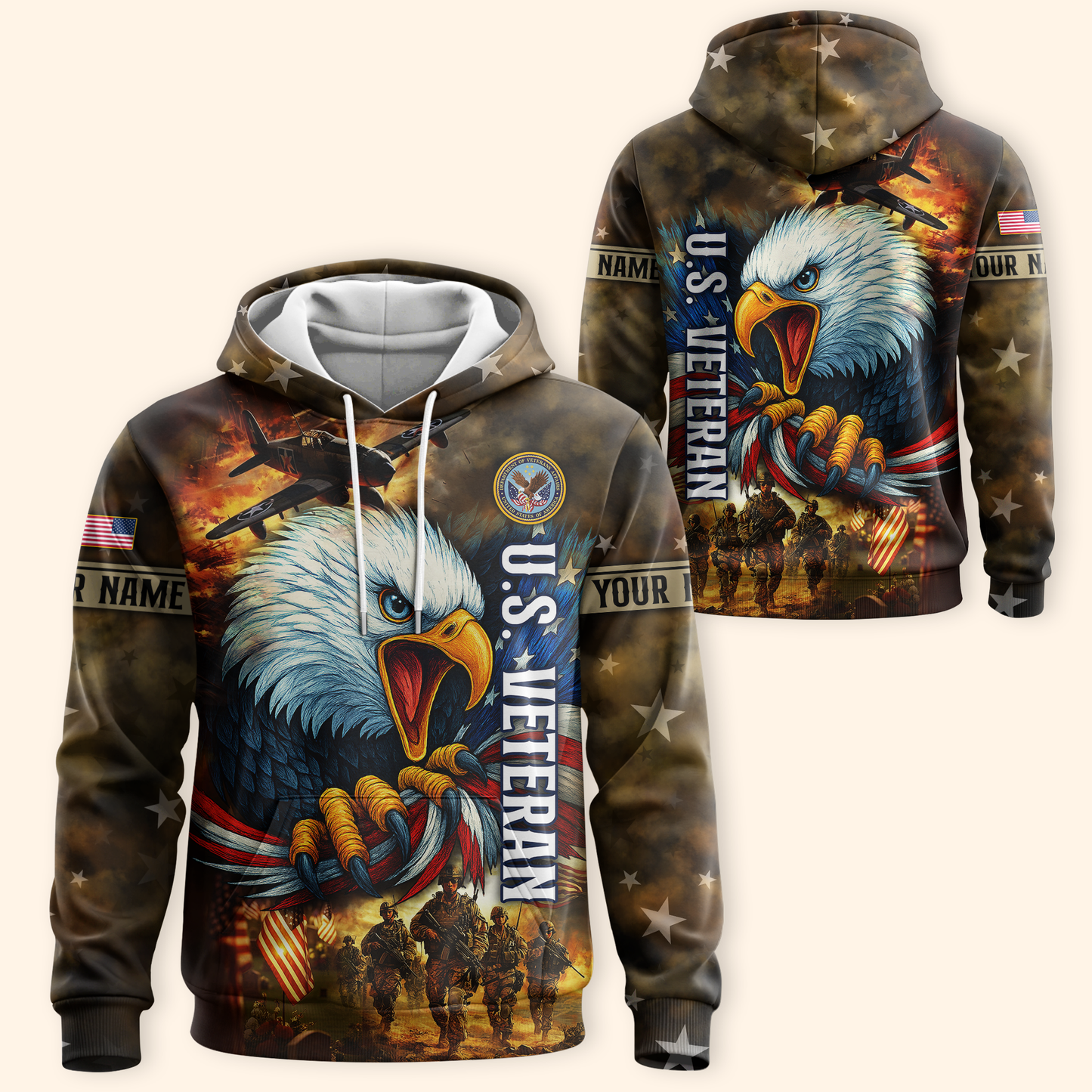 U.S. Veteran Hoodie – American Eagle and Soldiers Design, Patriotic Military Zip Up