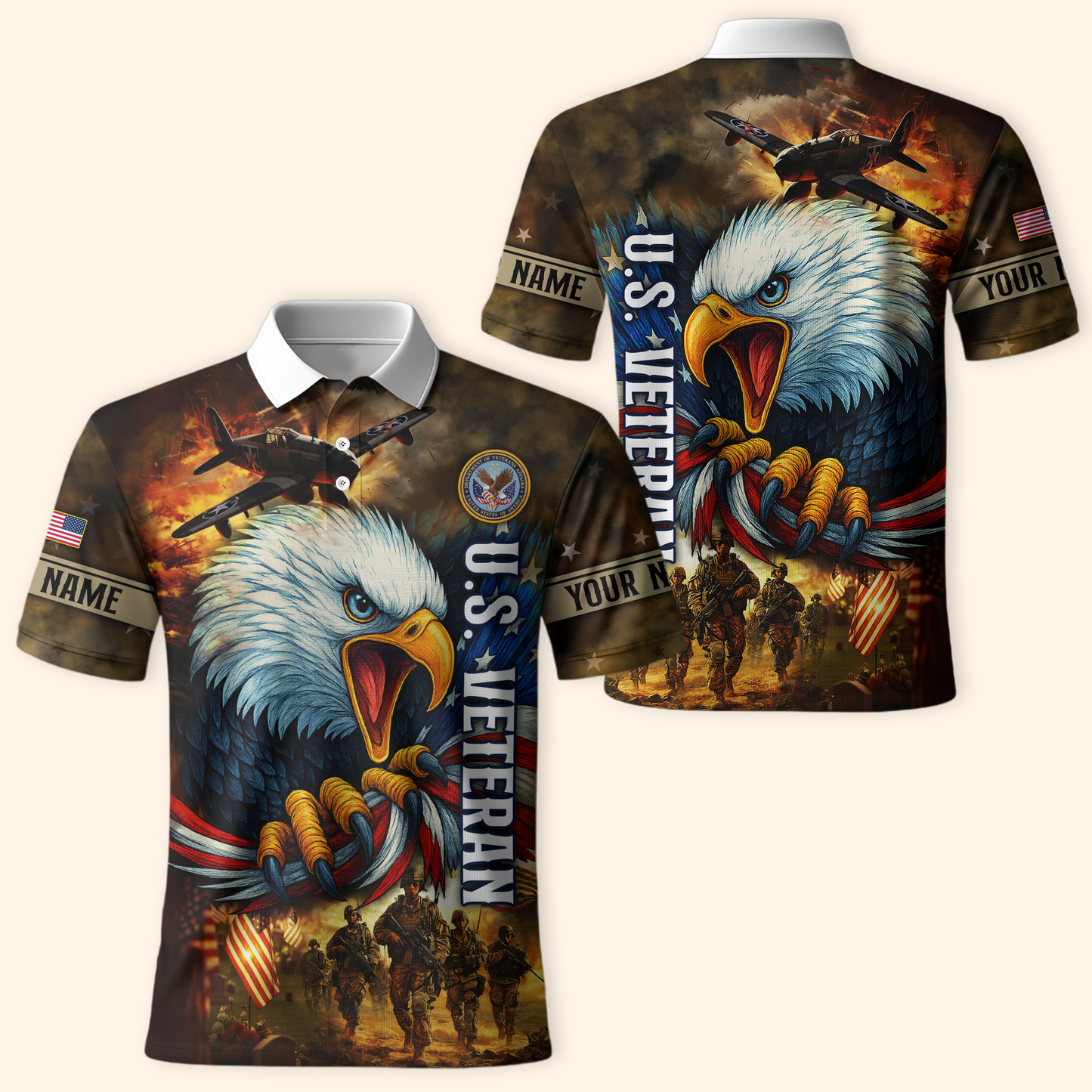 U.S. Veteran Hoodie – American Eagle and Soldiers Design, Patriotic Military Zip Up