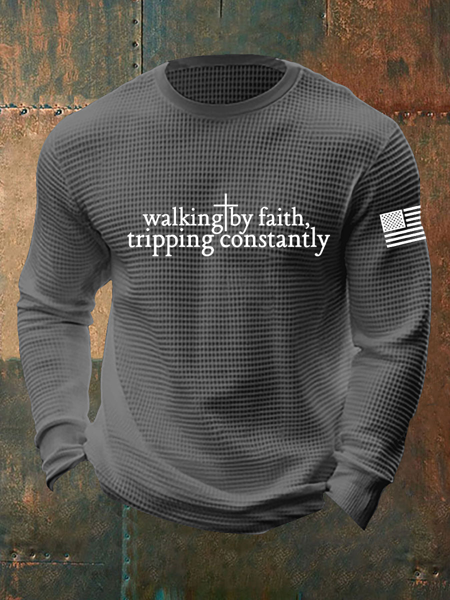 Men's Walking by Faith Tripping Constantly Cross Waffle Long Sleeve T-Shirt