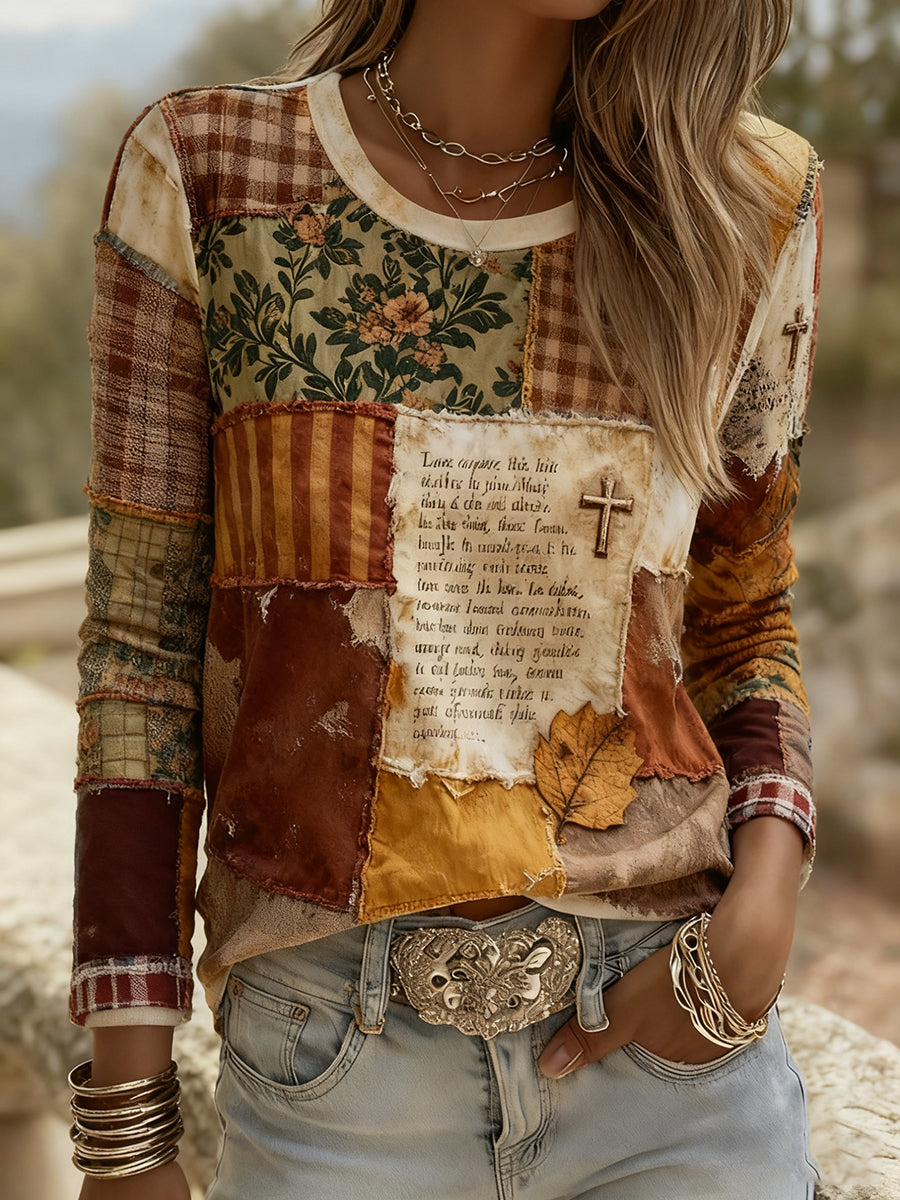 Women's Autumn Faith Floral Cross Patchwork Print Long Sleeve T-shirt
