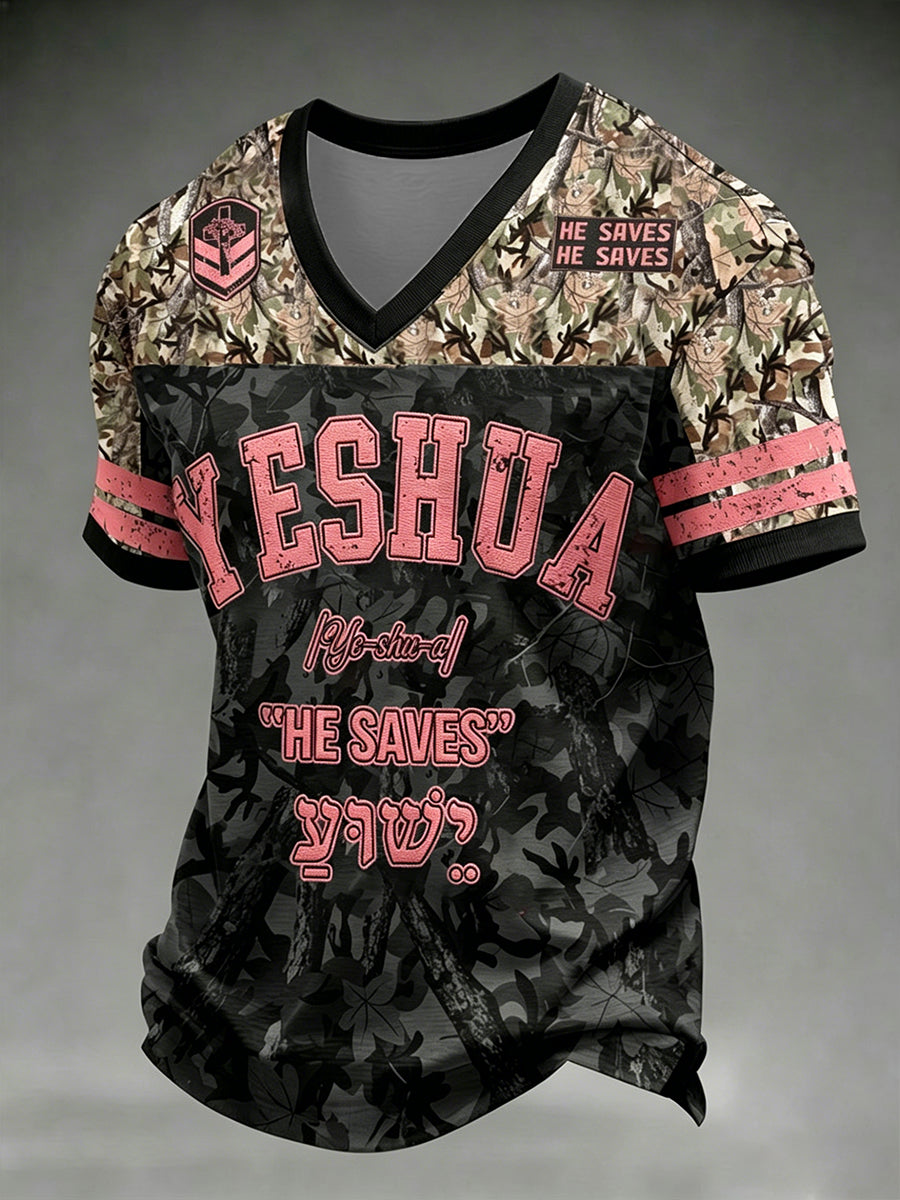 Men's Christian Yeshua He Saves Cross V-neck T-shirt