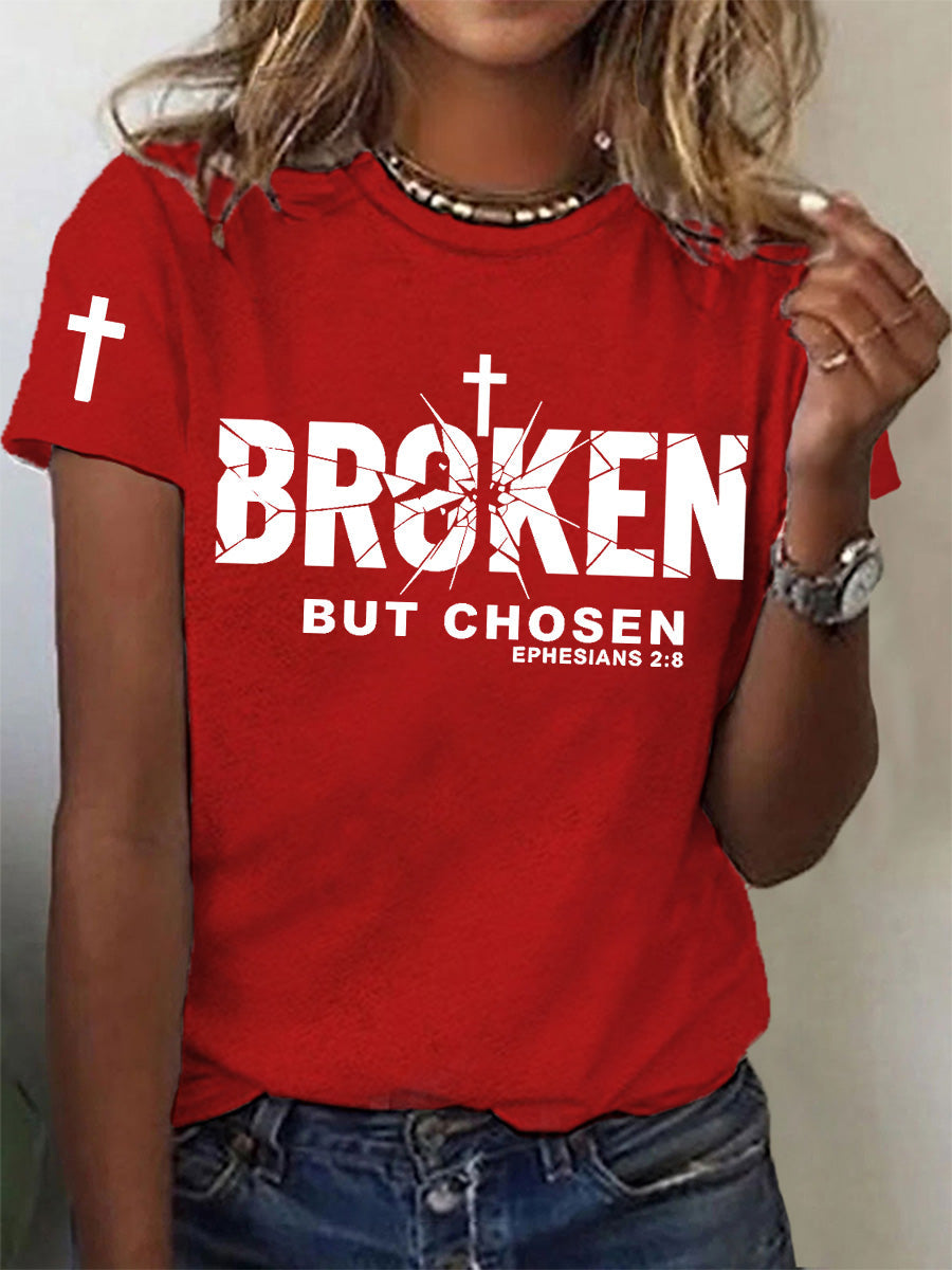 Women's Christian Cross Broken But Chosen Print Tee