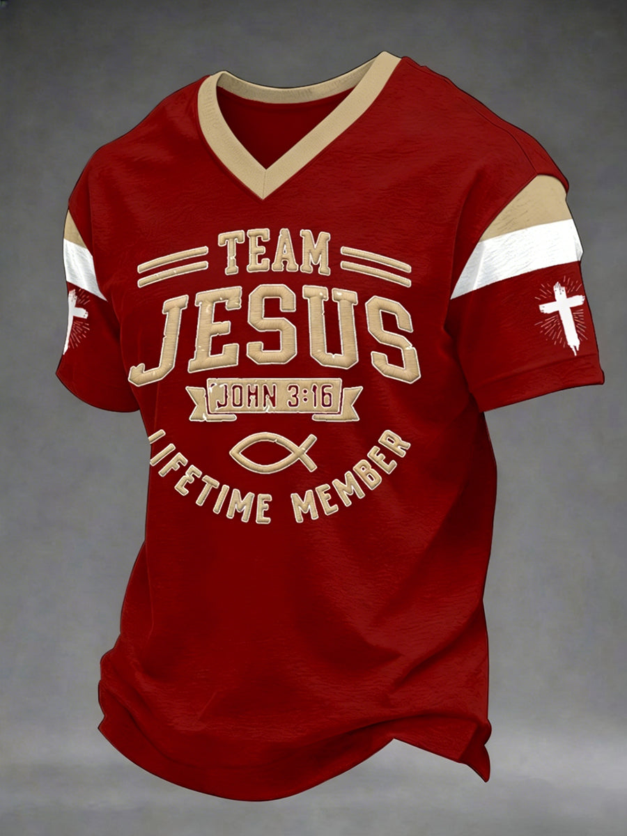 Men's Team Jesus Lifetime Member Print Casual V-Neck Tee