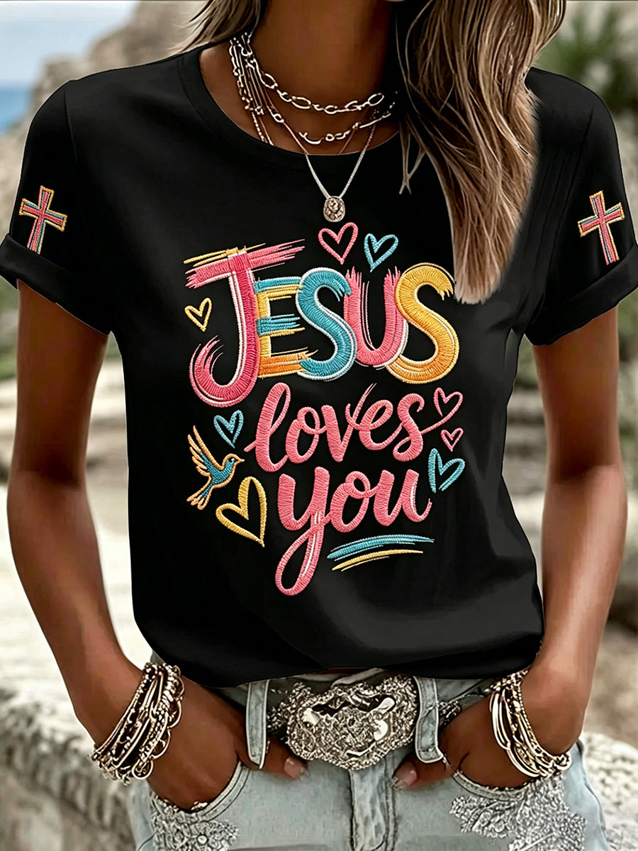 Women's Jesus Loves You Print Casual Tee