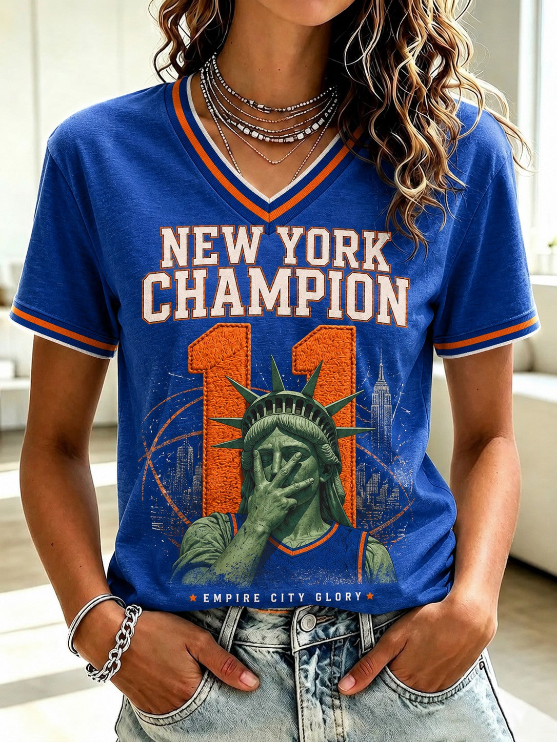 Women's New York Champions 2026 Printed V-neck T-shirt