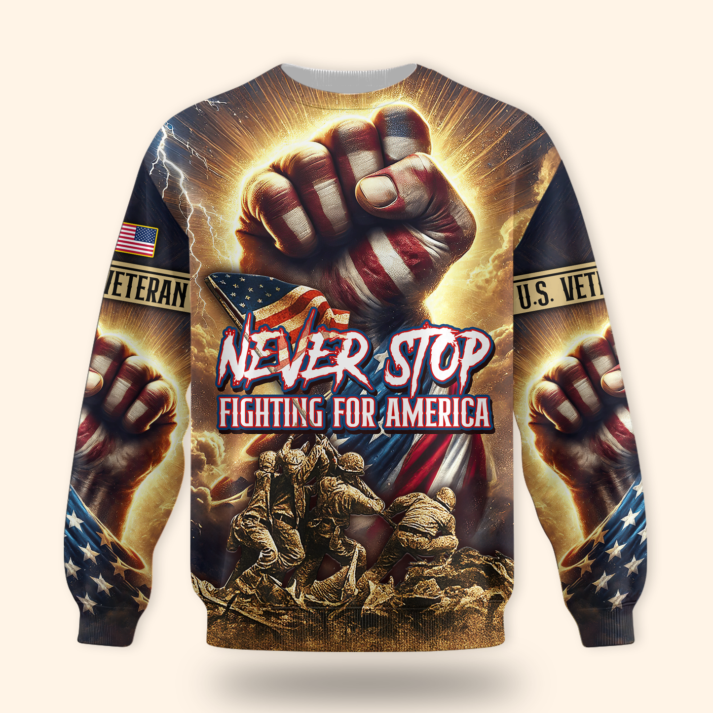 U.S. Veteran Hoodie – Never Stop Fighting for America, Patriotic Warrior Design