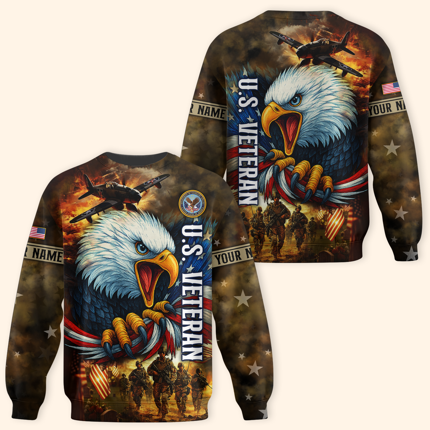 U.S. Veteran Hoodie – American Eagle and Soldiers Design, Patriotic Military Zip Up