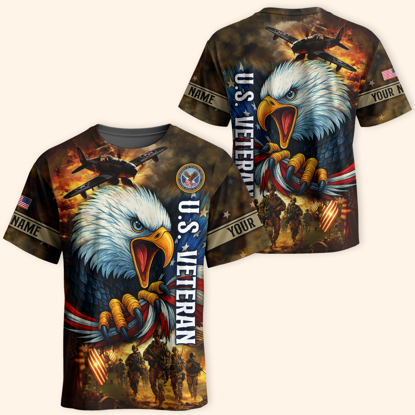 U.S. Veteran Hoodie – American Eagle and Soldiers Design, Patriotic Military Zip Up