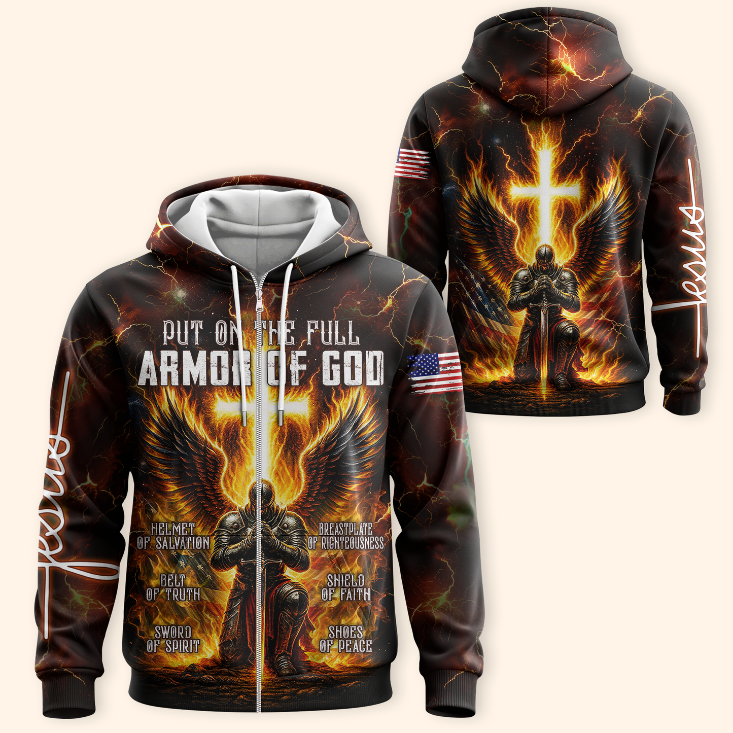 Armor of God Hoodie – Christian Warrior Zip Up Sweatshirt with Cross and Bible Verse Design