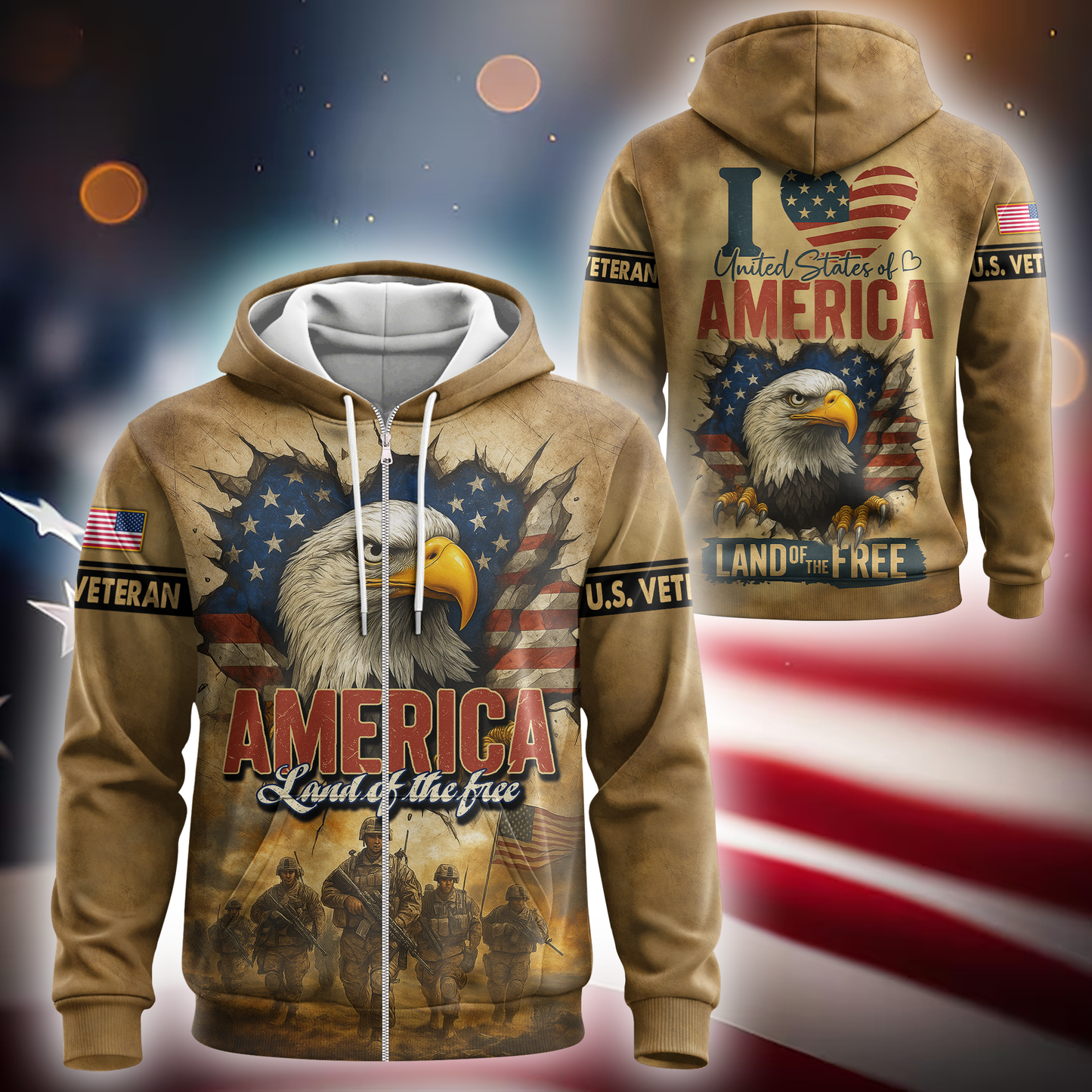 U.S. Veteran Hoodie – America Land of The Free, Patriotic Eagle and Flag Design