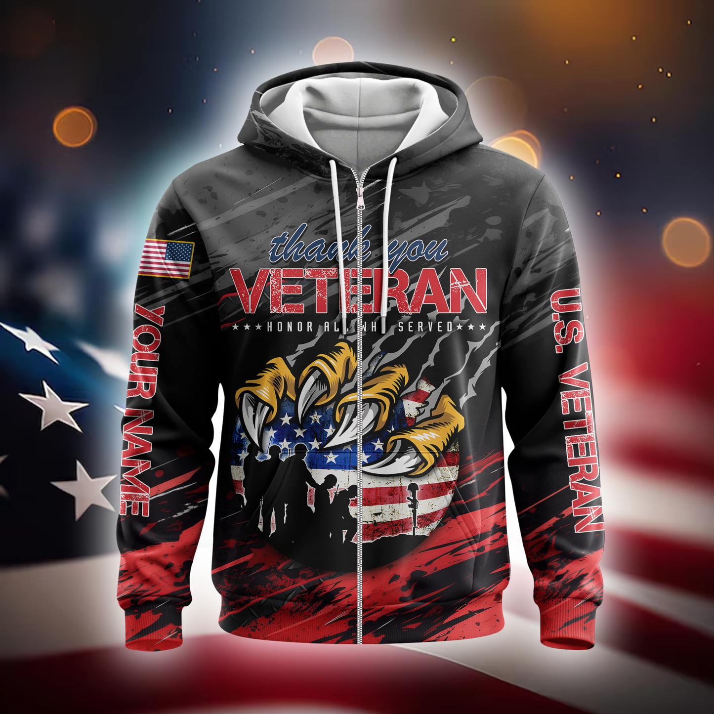 Personalized US Veteran Hoodie – Eagle Claw & Flag – Thank You Heroes Design, easychoo.com