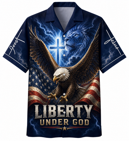 "Liberty Under God" Hawaiian Shirt - American Flag Patriotic Shirt with Bald Eagle, Christian Cross, and Lion Graphic