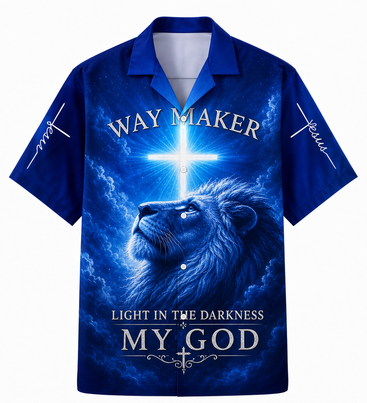 "Way Maker" Hawaiian Shirt - American Flag Patriotic Shirt with Bald Eagle, Christian Cross, and Lion Graphic
