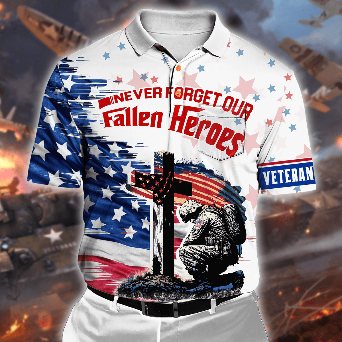 NEVER FORGET OUR FALLEN HEROES - POLO WITH POCKET , Gifts for veterans