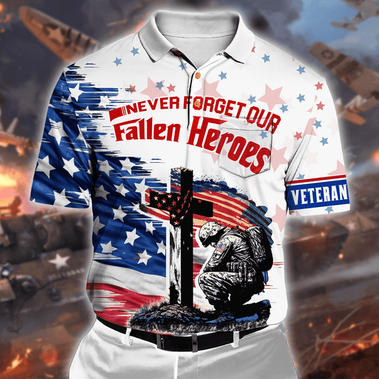 NEVER FORGET OUR FALLEN HEROES - POLO WITH POCKET , Gifts for veterans