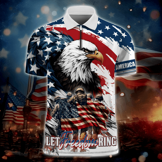 Apparel, Independence Day, Let Freedom Ring - Zipper Polo Shirt , Gifts for veterans