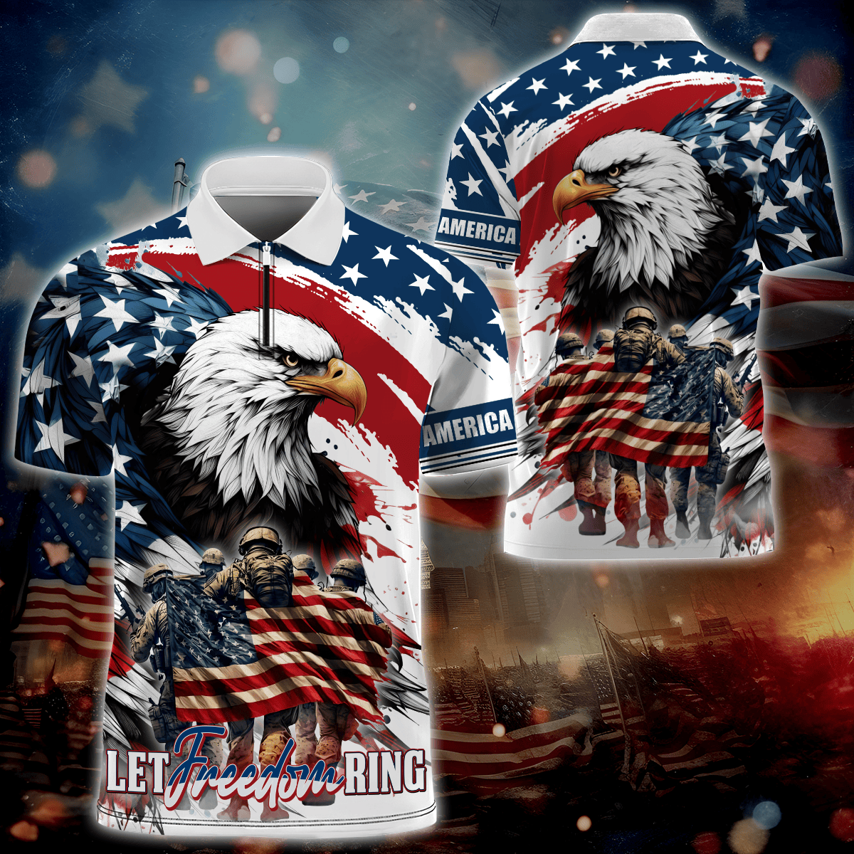 Apparel, Independence Day, Let Freedom Ring - Zipper Polo Shirt , Gifts for veterans