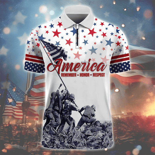 Independence Day, Remember - Honor - Respects, US Veterans Zipper Polo , Gifts for veterans