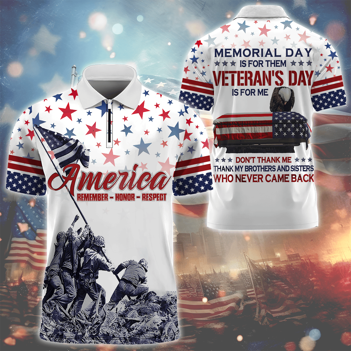Independence Day, Remember - Honor - Respects, US Veterans Zipper Polo , Gifts for veterans