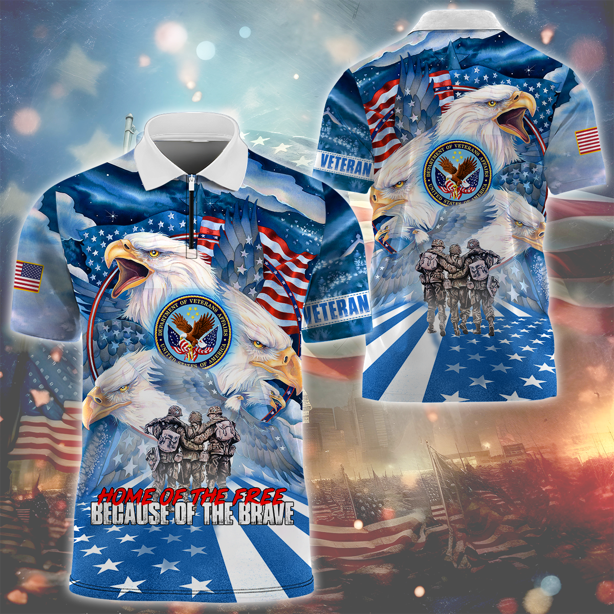 Independence Day, Home Of The Free, US Veterans Zipper Polo , Gifts for veterans