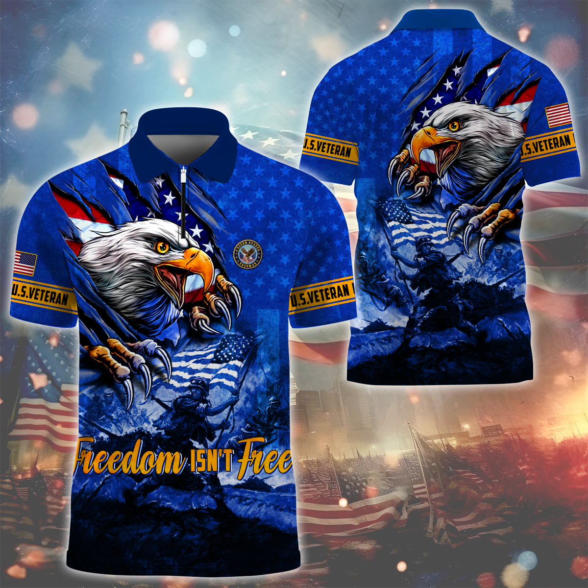 Independence Day, Freedom Isn't Free Eagle, US Veterans Zipper Polo , Gifts for veterans