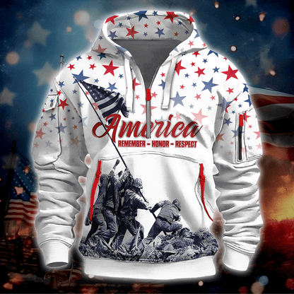 Independence Day, Remember - Honor - Respect, Hoodie Half Zipper , Gifts for veterans