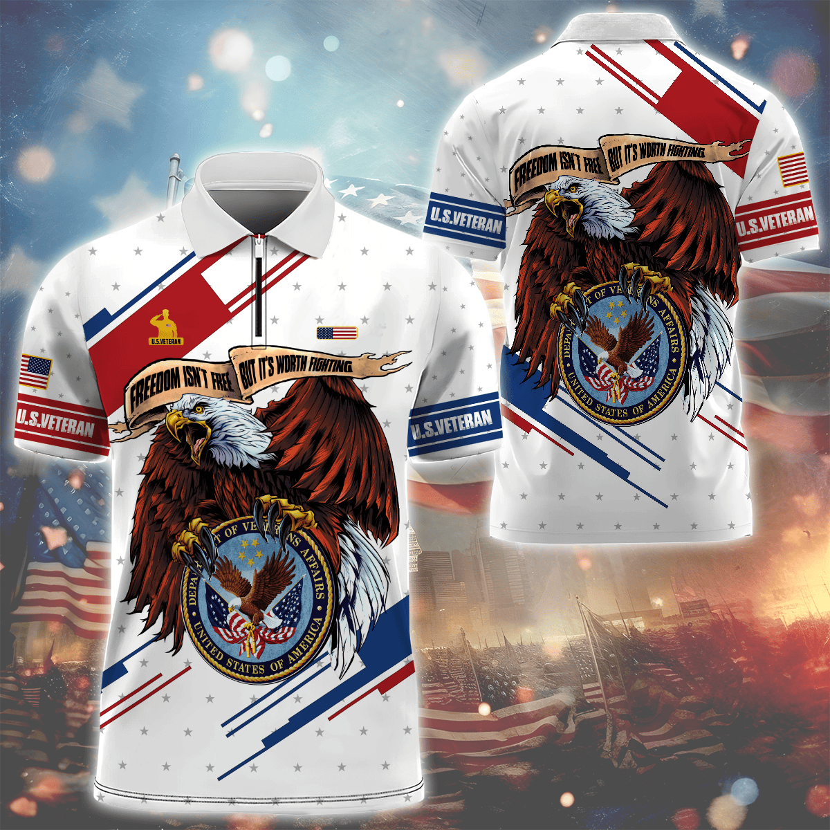 Independence Day, Freedom Isn't Free Eagle , U.S Veteran Zipper Polo , Gifts for veterans