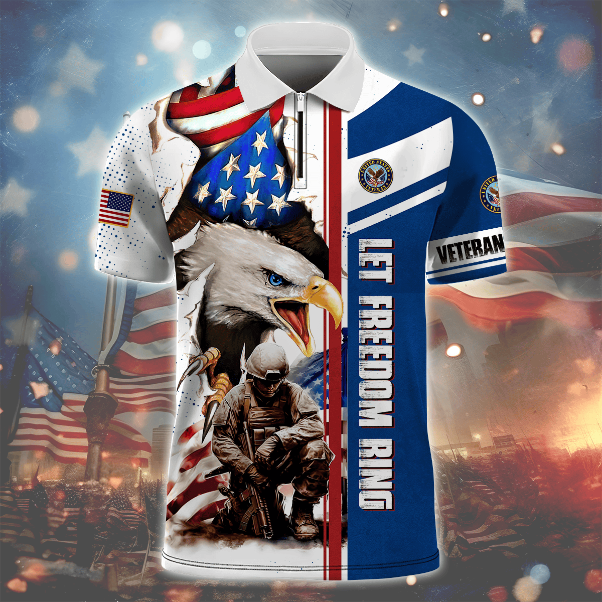 Independence Day, Let Freedom Ring , U.S Veteran Zipper Polo , Gifts for veterans
