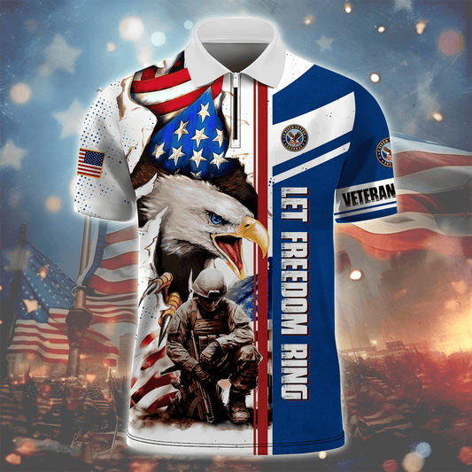 Independence Day, Let Freedom Ring , U.S Veteran Zipper Polo , Gifts for veterans