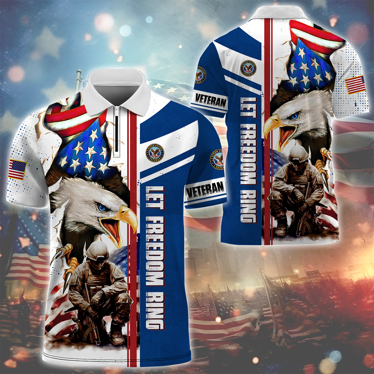 Independence Day, Let Freedom Ring , U.S Veteran Zipper Polo , Gifts for veterans