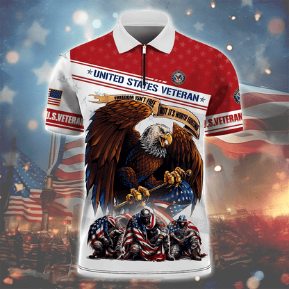 Apparel - Freedom Isn't Free - U.S Veteran Zipper Polo , Gifts for veterans
