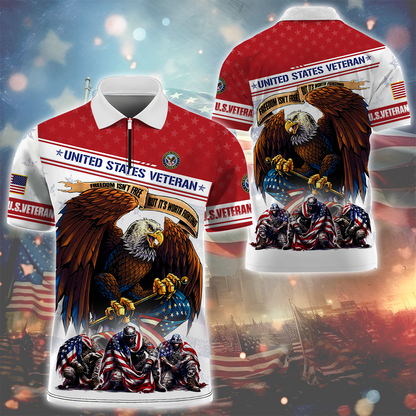 Apparel - Freedom Isn't Free - U.S Veteran Zipper Polo , Gifts for veterans