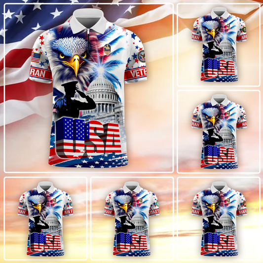 Premium American Pride US Veterans Zipper Polo Shirt, Gifts For Independence Day, Veterans Day , Gifts for veterans