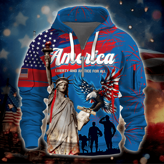 Independence Day - Liberty and Justice For All - Hoodie Half Zipper , Gifts for veterans