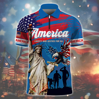 Independence Day - Liberty and Justice For All - Zipper Polo , Gifts for veterans