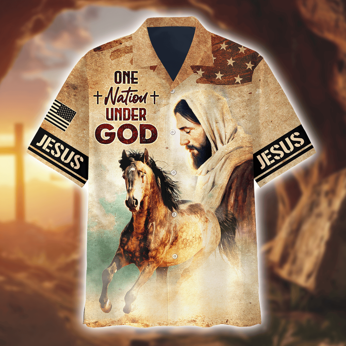 Jesus Vintage Shirt - One Nation Under God - All Over Prints Hawaiian, easychoo.com