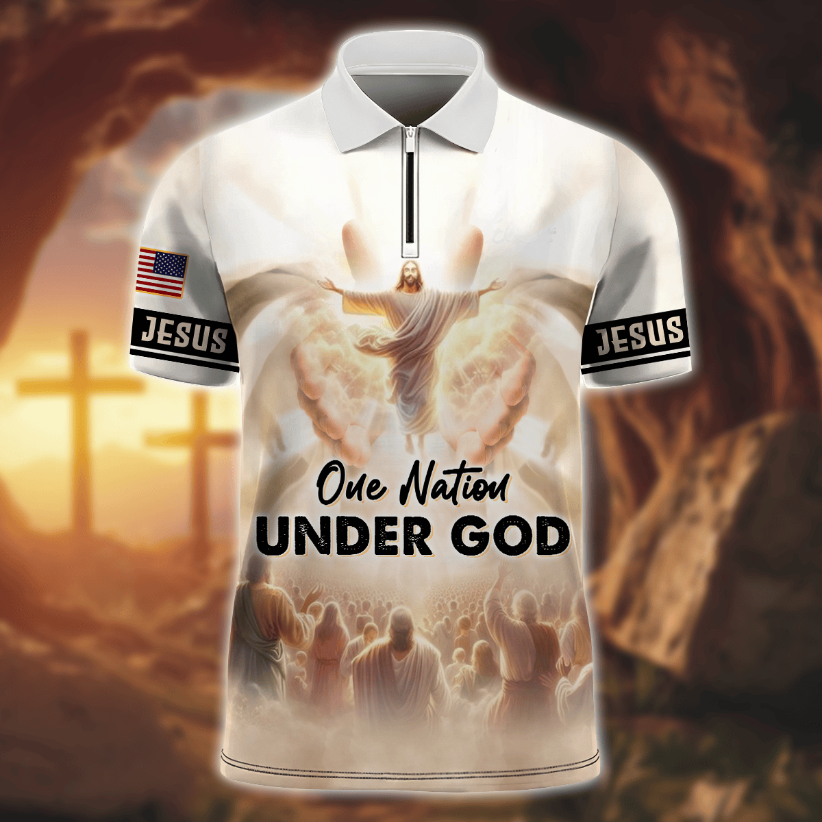 One Nation Under God - Zipper Polo Shirt, easychoo.com